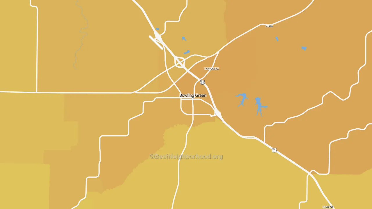Map of the best neighborhoods in the 63334 area, with better matches in green and worse matches in red