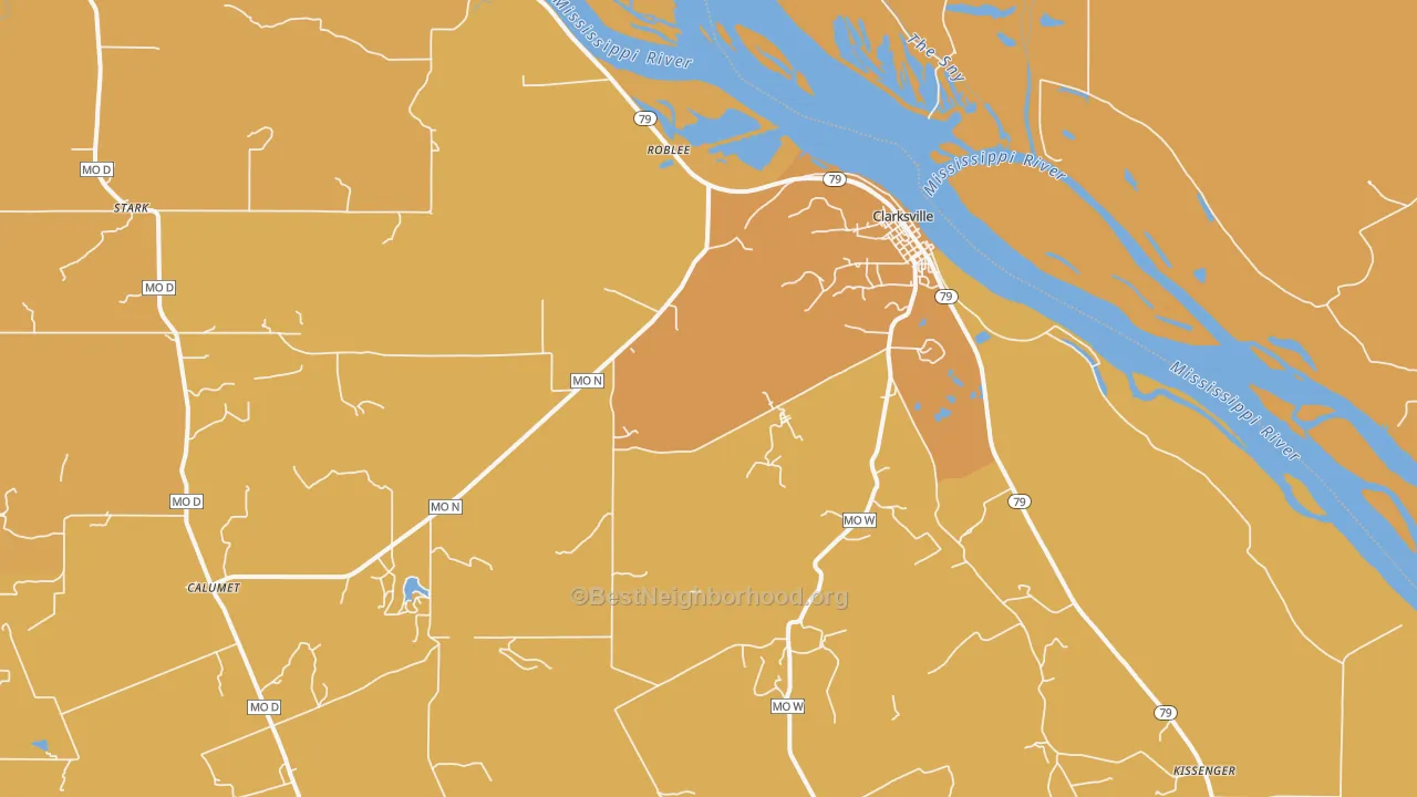 Map of the best neighborhoods in the 63336 area, with better matches in green and worse matches in red