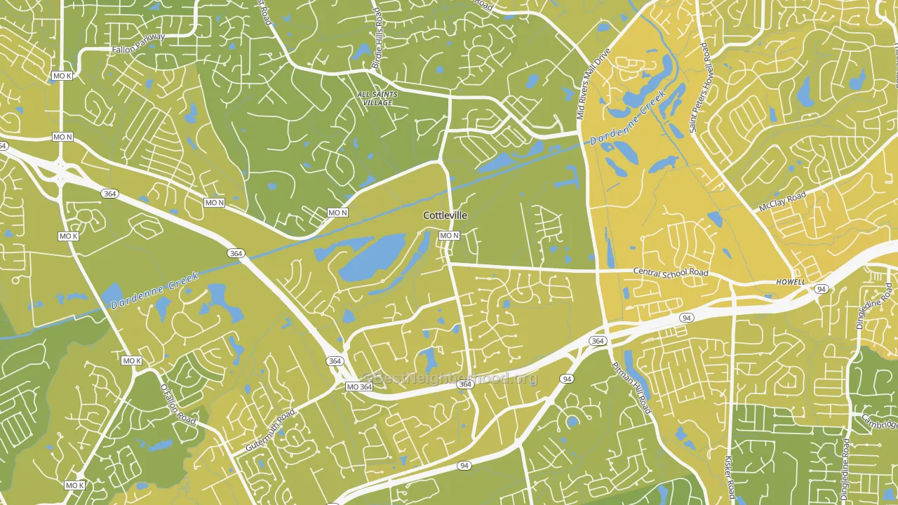 Map of the best neighborhoods in the 63338 area, with better matches in green and worse matches in red