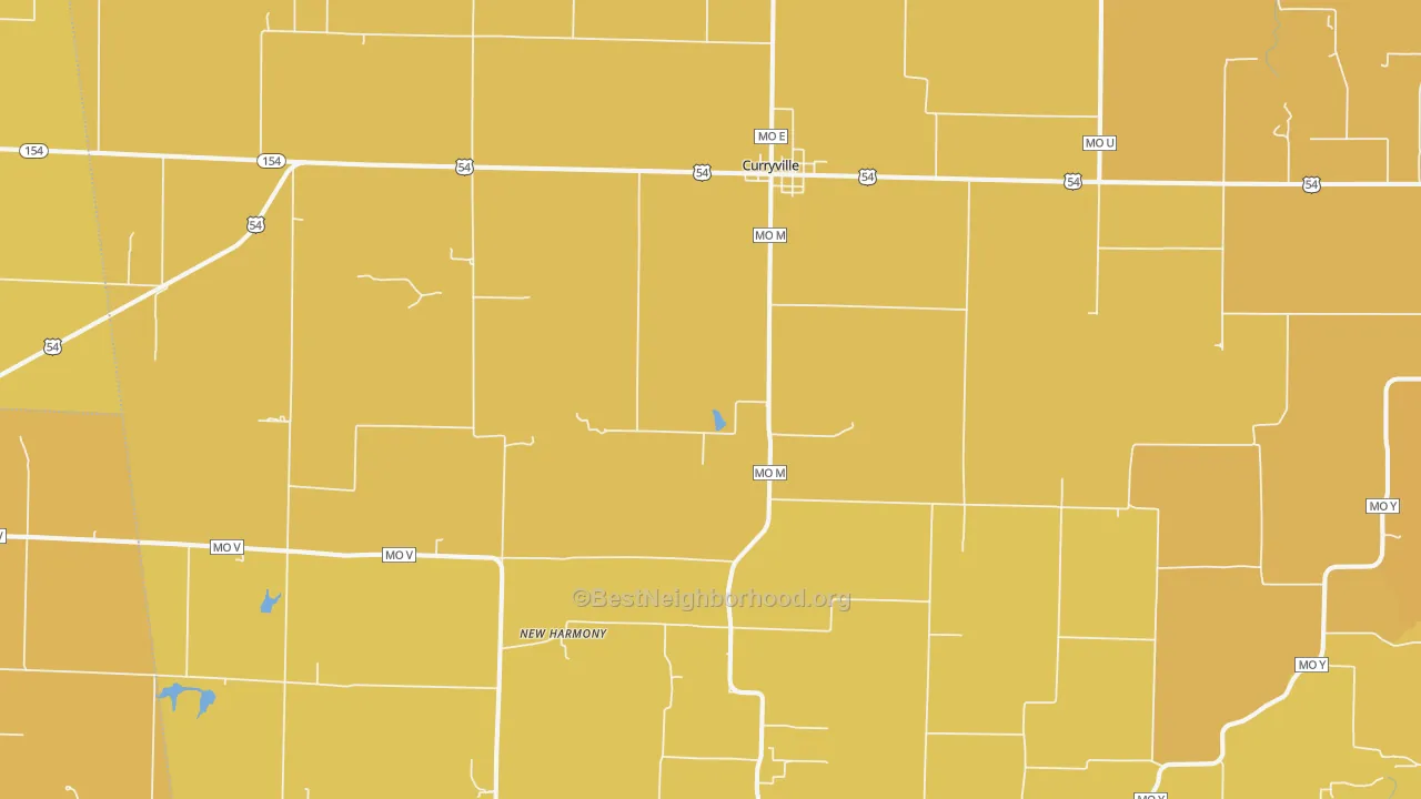 Map of the best neighborhoods in the 63339 area, with better matches in green and worse matches in red