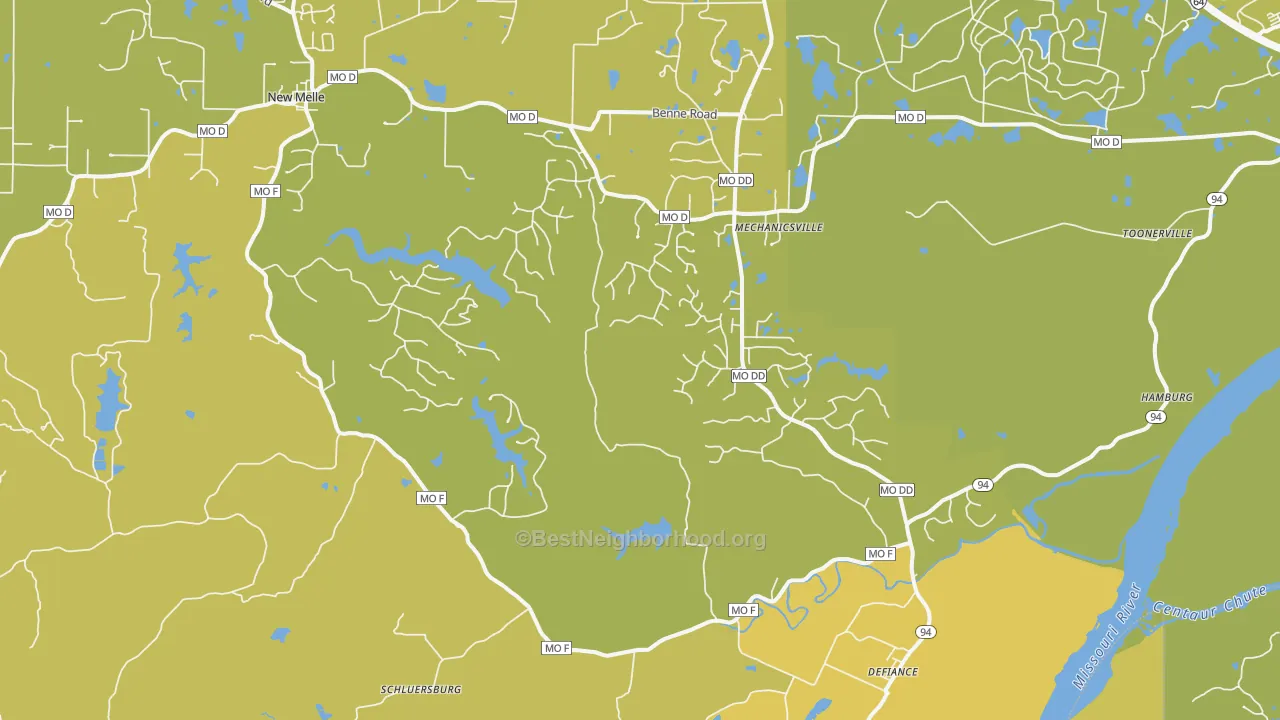 Map of the best neighborhoods in the 63341 area, with better matches in green and worse matches in red