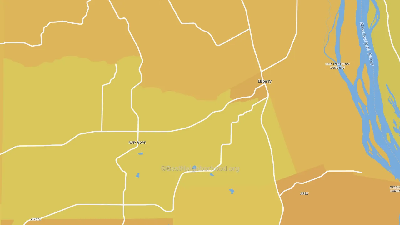 Map of the best neighborhoods in the 63343 area, with better matches in green and worse matches in red