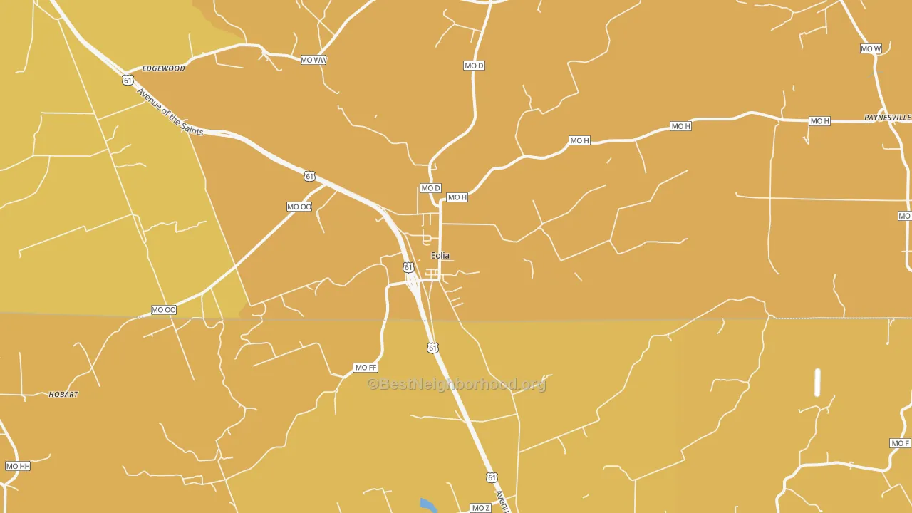 Map of the best neighborhoods in the 63344 area, with better matches in green and worse matches in red