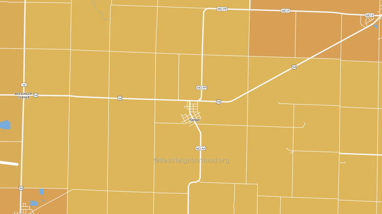 Map of the best neighborhoods in the 63345 area, with better matches in green and worse matches in red