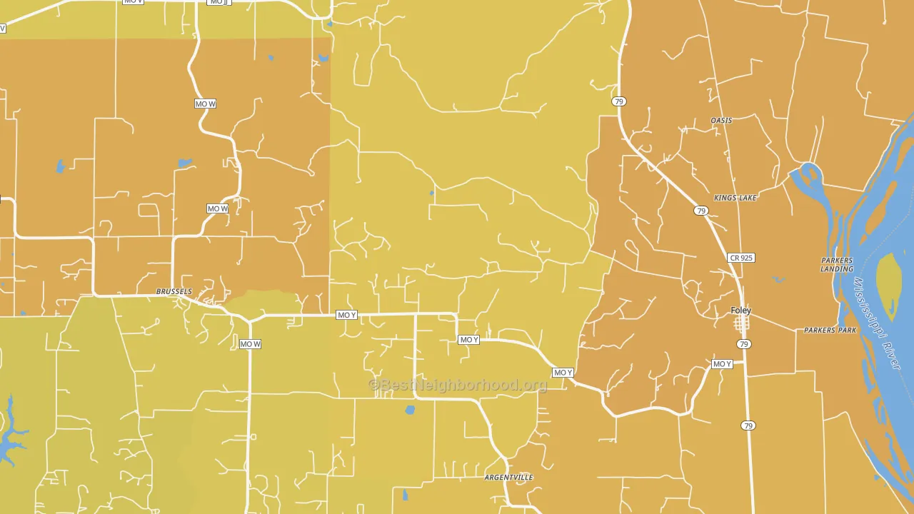 Map of the best neighborhoods in the 63347 area, with better matches in green and worse matches in red