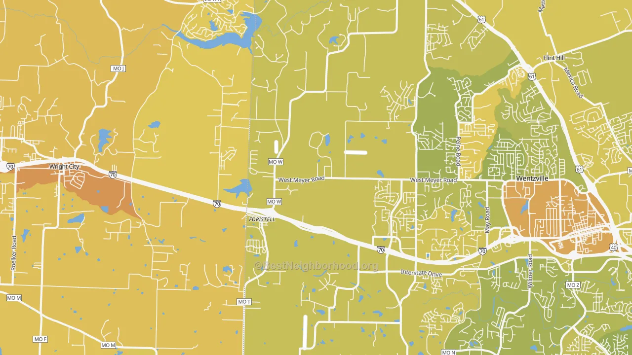 Map of the best neighborhoods in the 63348 area, with better matches in green and worse matches in red
