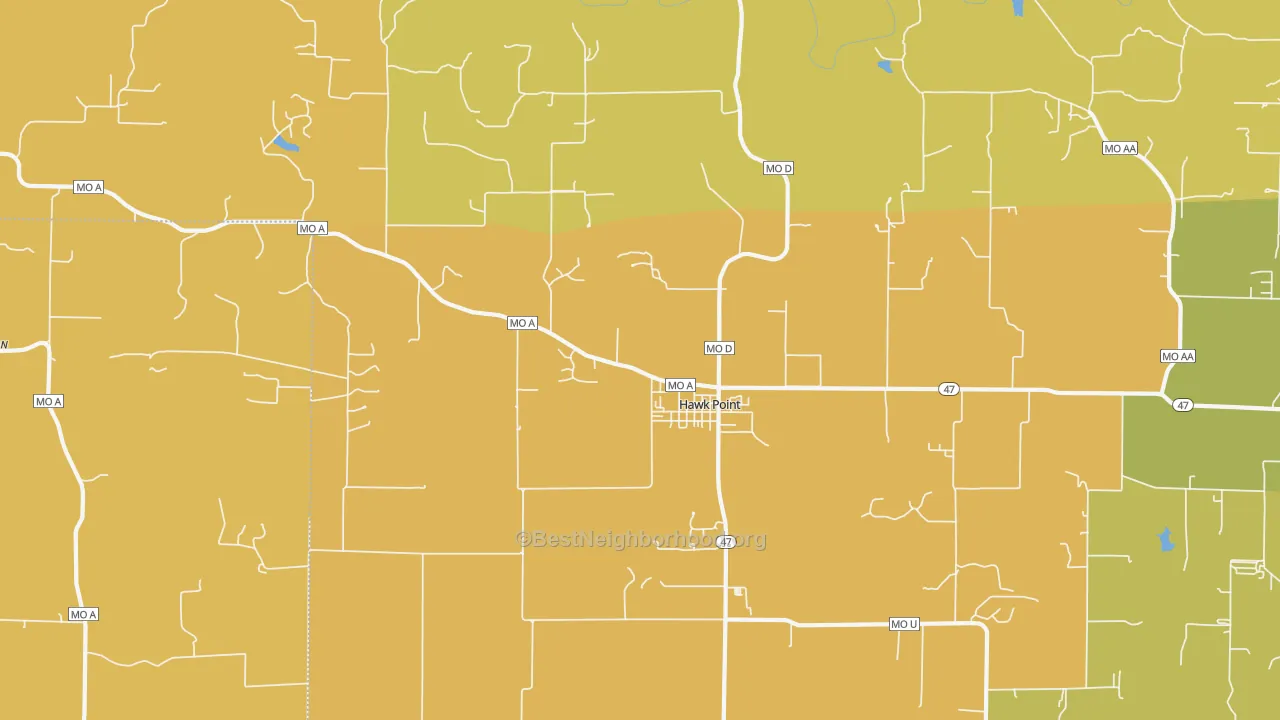 Map of the best neighborhoods in the 63349 area, with better matches in green and worse matches in red