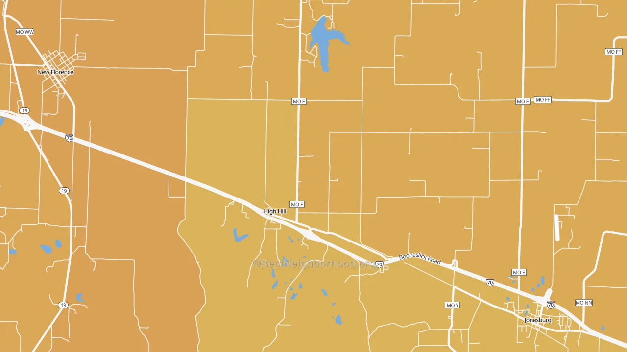 Map of the best neighborhoods in the 63350 area, with better matches in green and worse matches in red