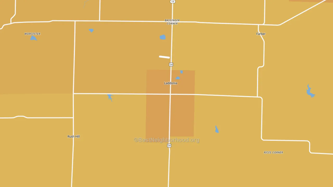 Map of the best neighborhoods in the 63352 area, with better matches in green and worse matches in red