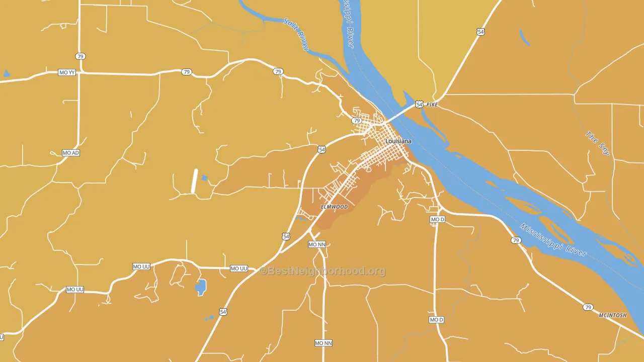 Map of the best neighborhoods in the 63353 area, with better matches in green and worse matches in red