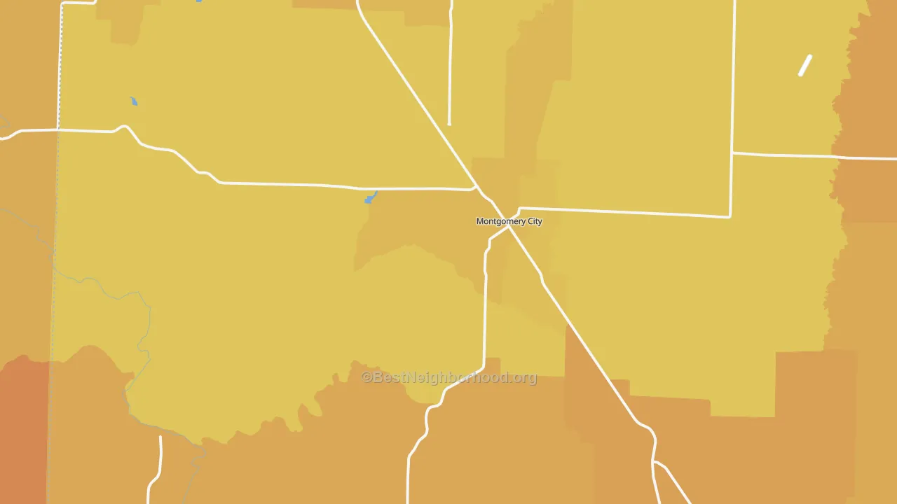 Map of the best neighborhoods in the 63361 area, with better matches in green and worse matches in red
