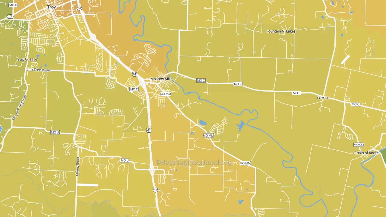 Map of the best neighborhoods in the 63362 area, with better matches in green and worse matches in red
