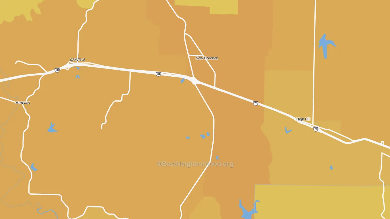 Map of the best neighborhoods in the 63363 area, with better matches in green and worse matches in red