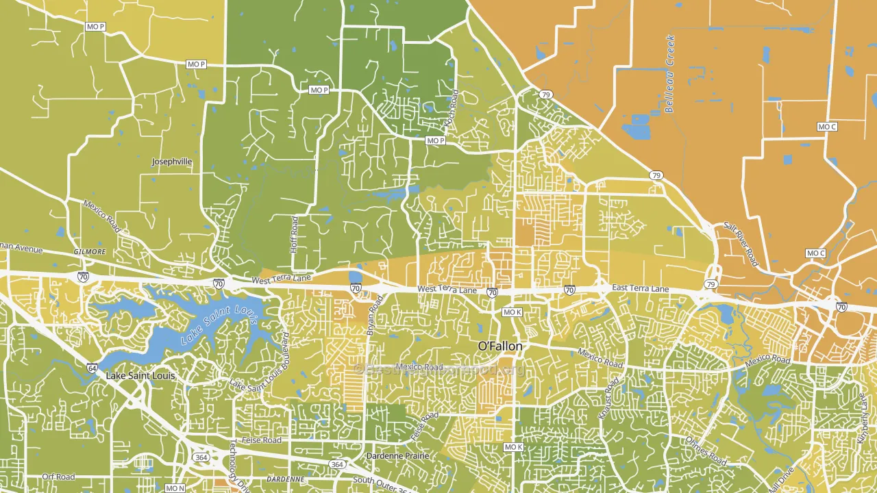 Map of the best neighborhoods in the 63366 area, with better matches in green and worse matches in red
