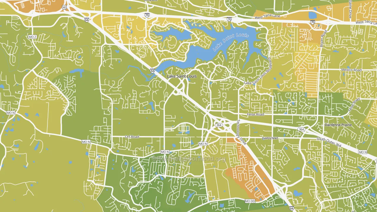 Map of the best neighborhoods in the 63367 area, with better matches in green and worse matches in red