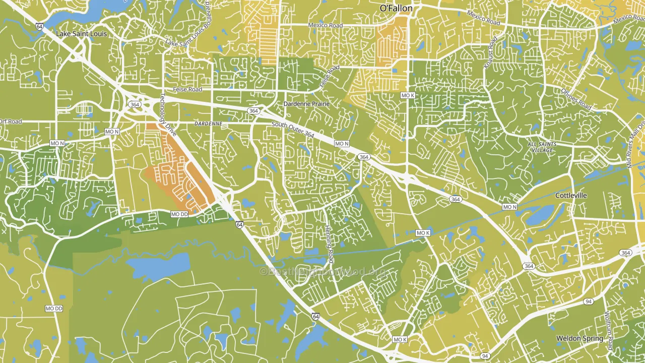 Map of the best neighborhoods in the 63368 area, with better matches in green and worse matches in red