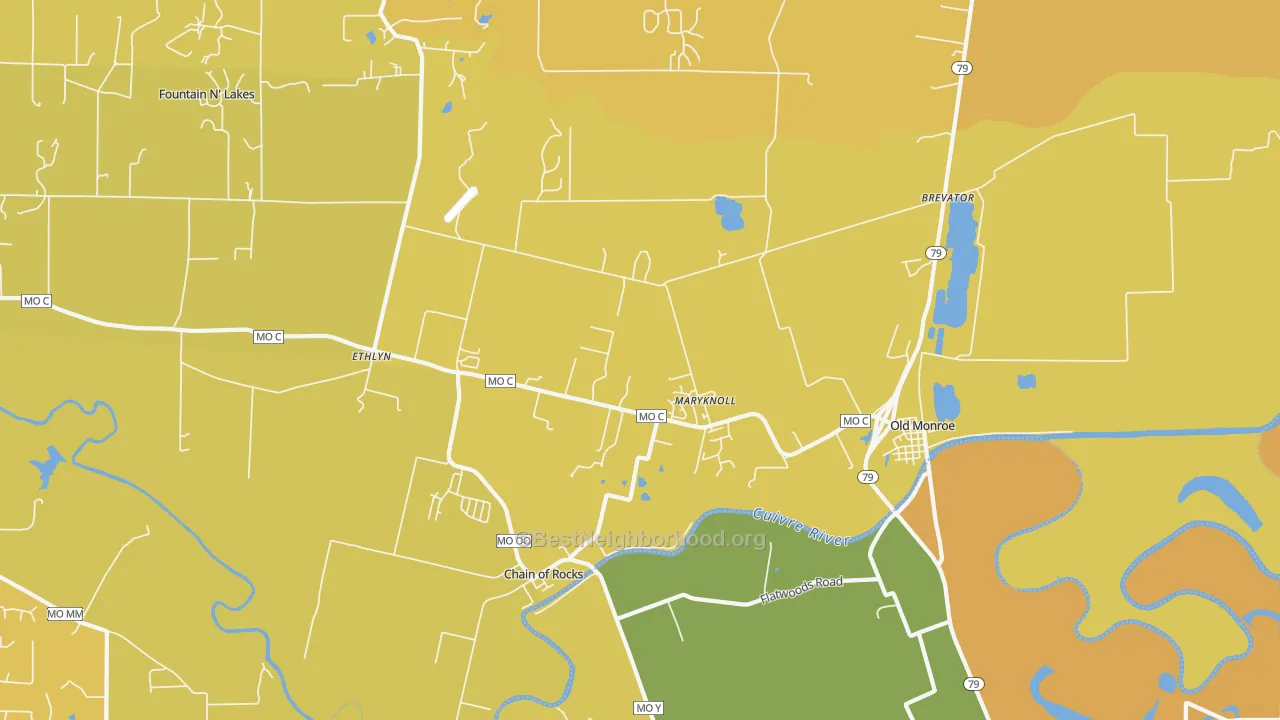 Map of the best neighborhoods in the 63369 area, with better matches in green and worse matches in red