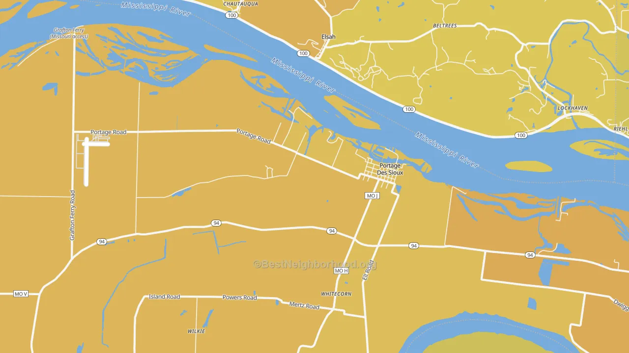 Map of the best neighborhoods in the 63373 area, with better matches in green and worse matches in red