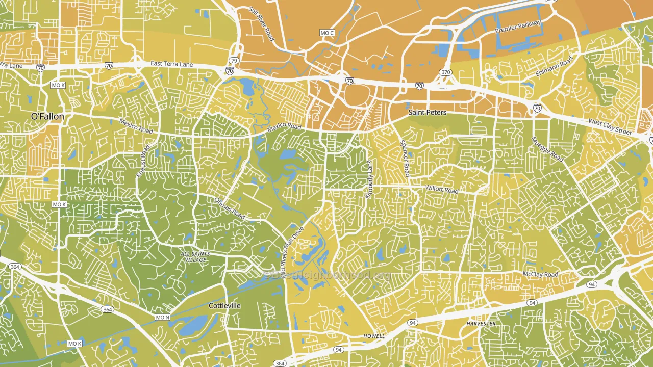 Map of the best neighborhoods in the 63376 area, with better matches in green and worse matches in red