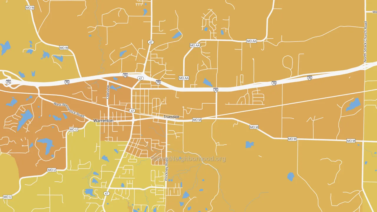 Map of the best neighborhoods in the 63380 area, with better matches in green and worse matches in red
