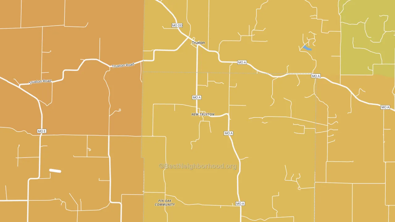 Map of the best neighborhoods in the 63381 area, with better matches in green and worse matches in red
