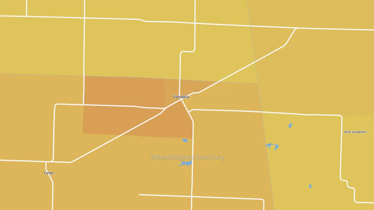 Map of the best neighborhoods in the 63382 area, with better matches in green and worse matches in red