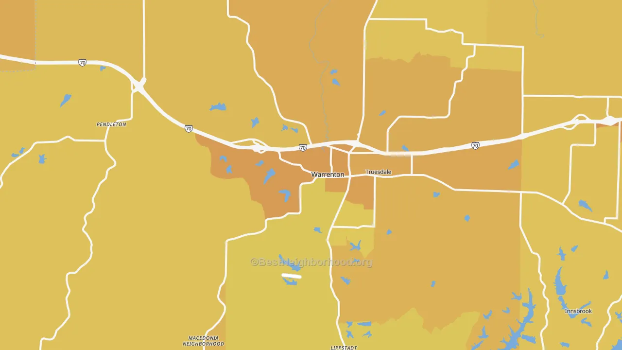 Map of the best neighborhoods in the 63383 area, with better matches in green and worse matches in red