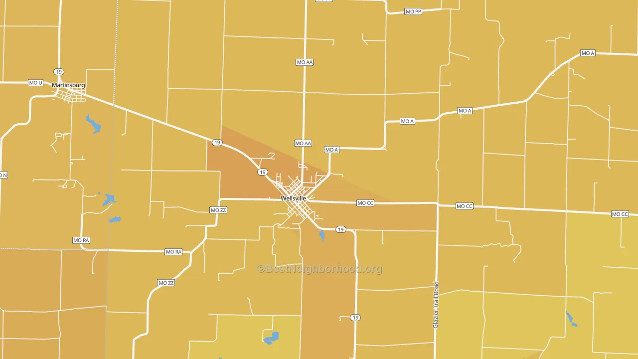 Map of the best neighborhoods in the 63384 area, with better matches in green and worse matches in red