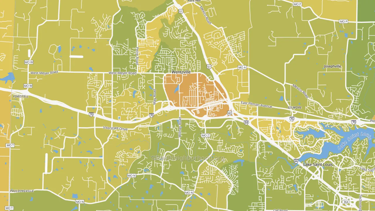 Map of the best neighborhoods in the 63385 area, with better matches in green and worse matches in red