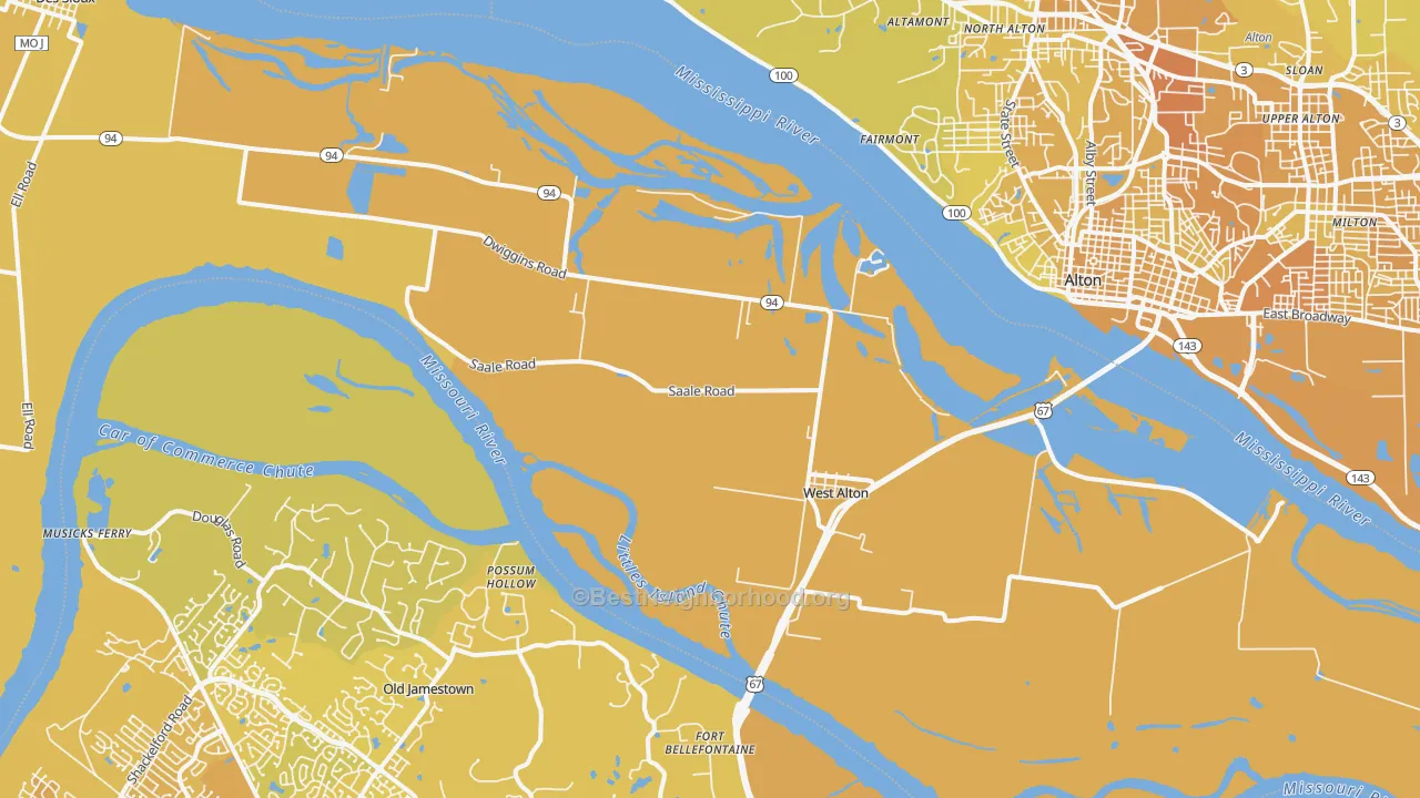Map of the best neighborhoods in the 63386 area, with better matches in green and worse matches in red