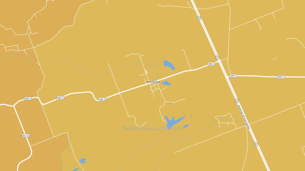 Map of the best neighborhoods in the 63387 area, with better matches in green and worse matches in red