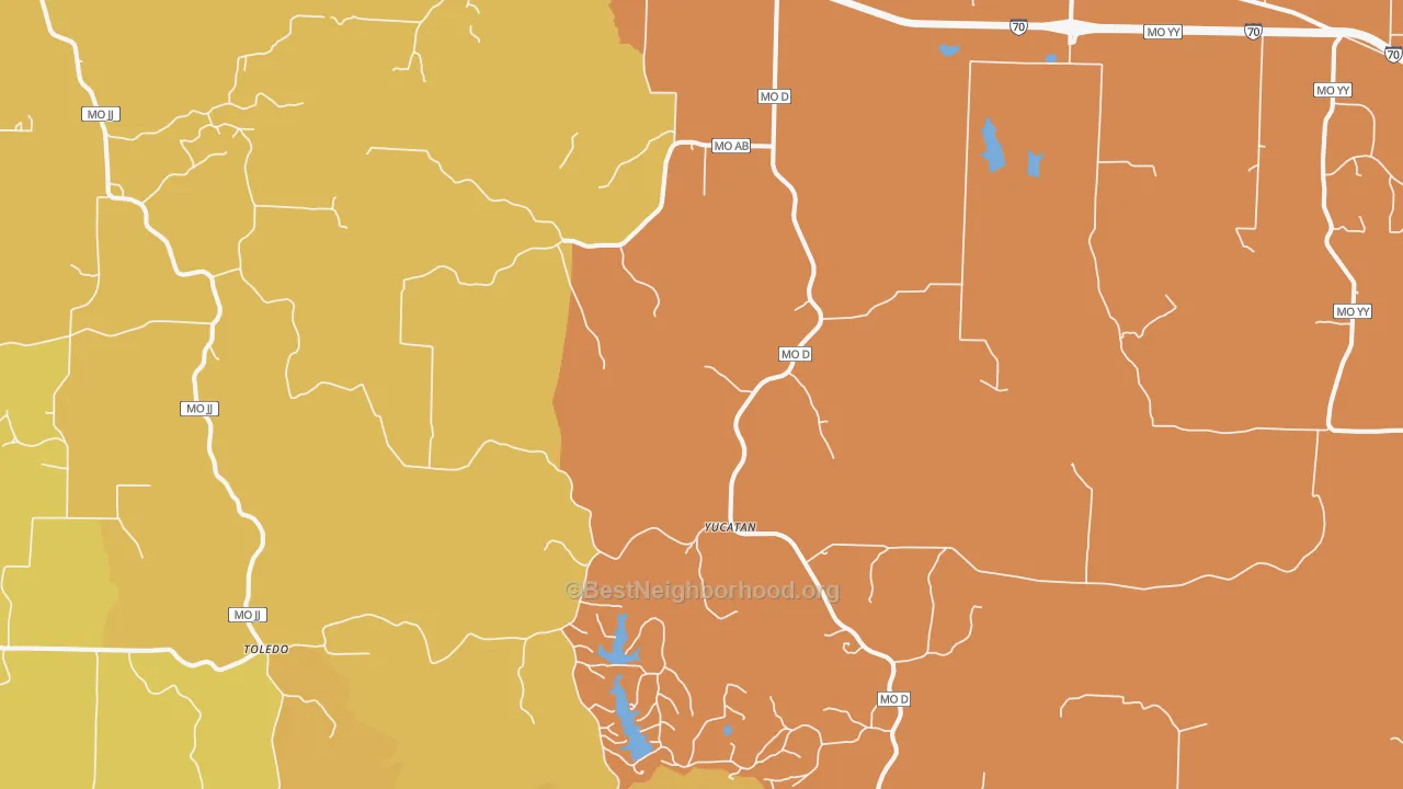 Map of the best neighborhoods in the 63388 area, with better matches in green and worse matches in red