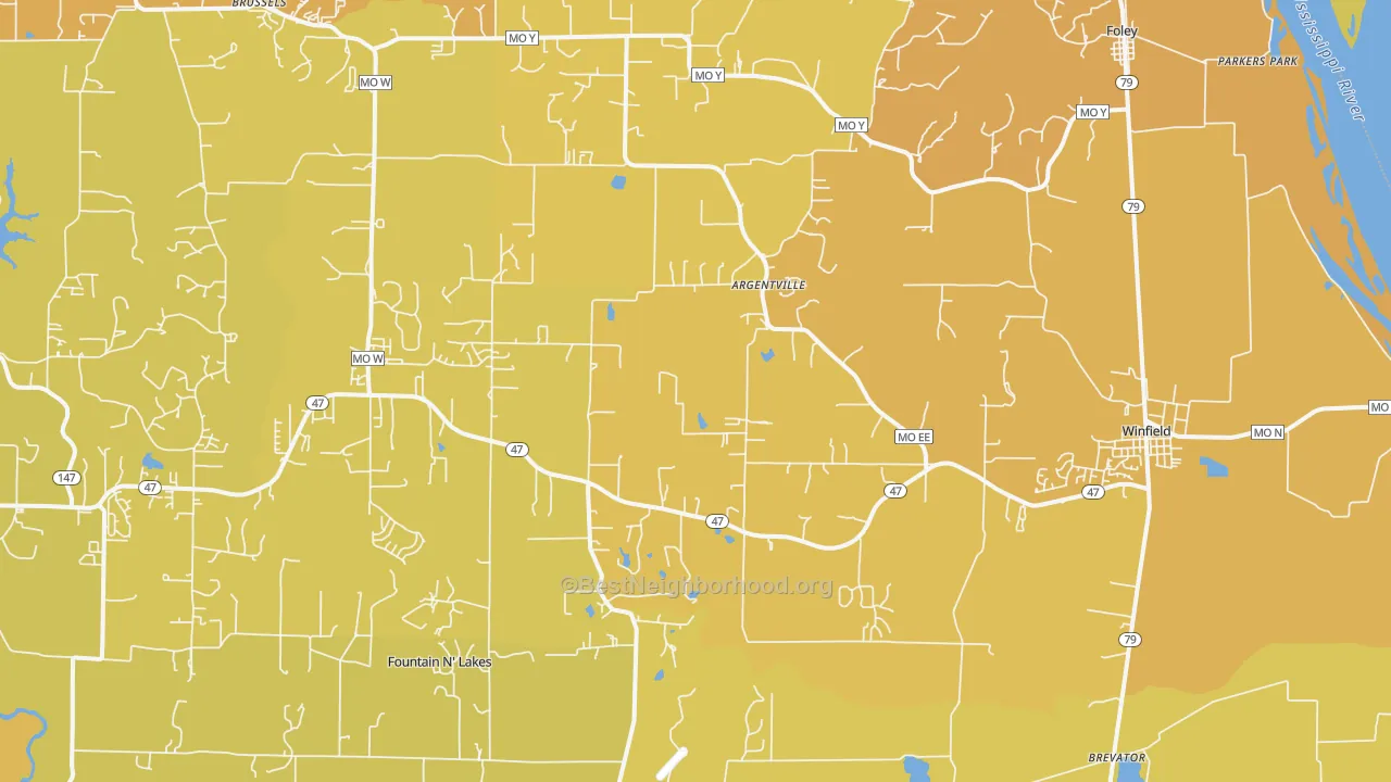 Map of the best neighborhoods in the 63389 area, with better matches in green and worse matches in red