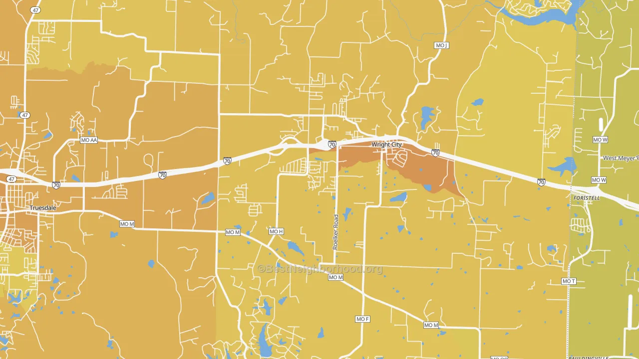 Map of the best neighborhoods in the 63390 area, with better matches in green and worse matches in red