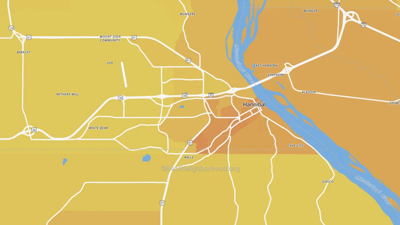 Map of the best neighborhoods in the 63401 area, with better matches in green and worse matches in red