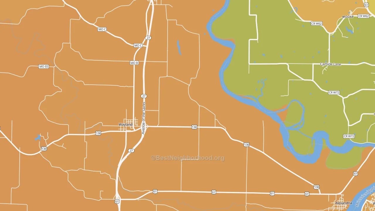Map of the best neighborhoods in the 63430 area, with better matches in green and worse matches in red