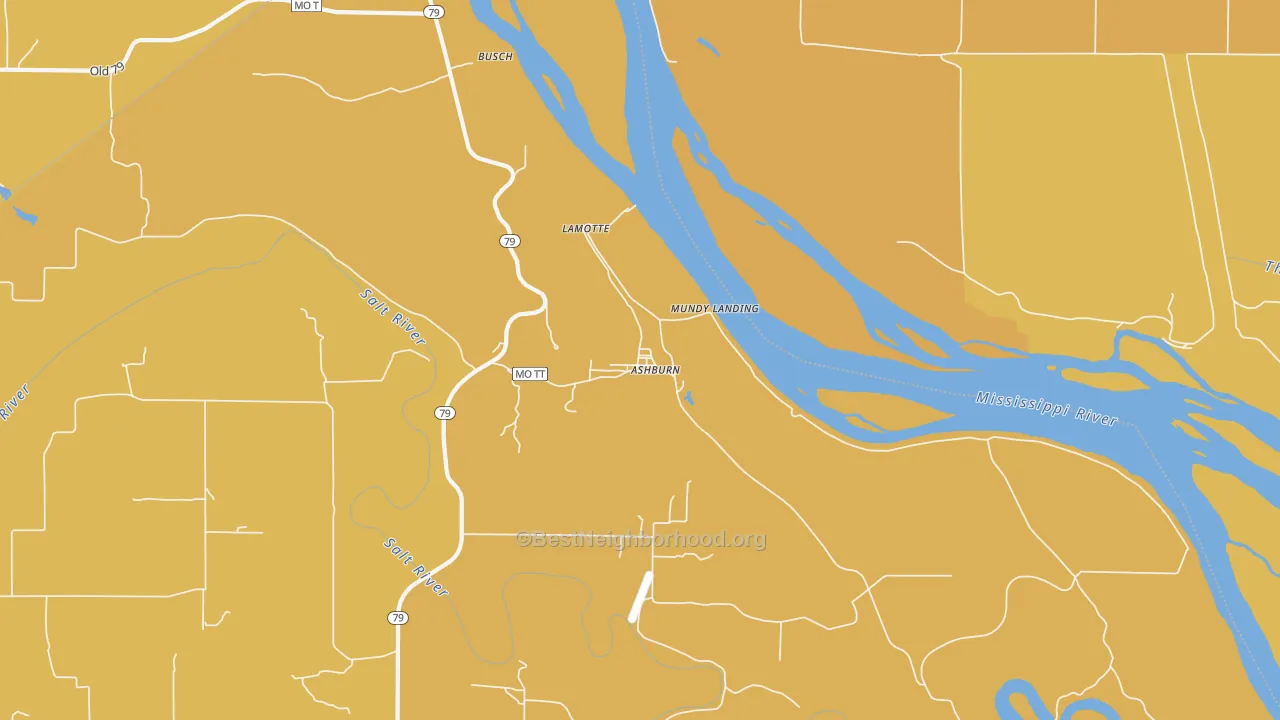 Map of the best neighborhoods in the 63433 area, with better matches in green and worse matches in red