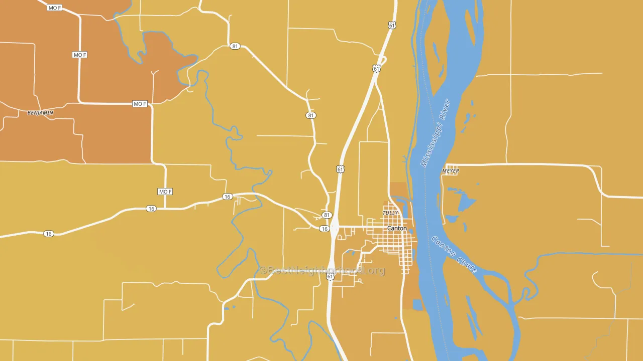 Map of the best neighborhoods in the 63435 area, with better matches in green and worse matches in red