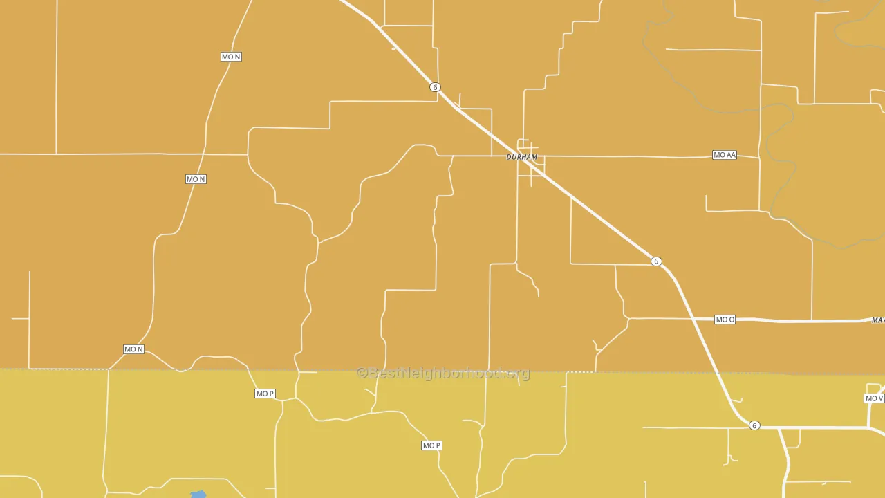 Map of the best neighborhoods in the 63438 area, with better matches in green and worse matches in red