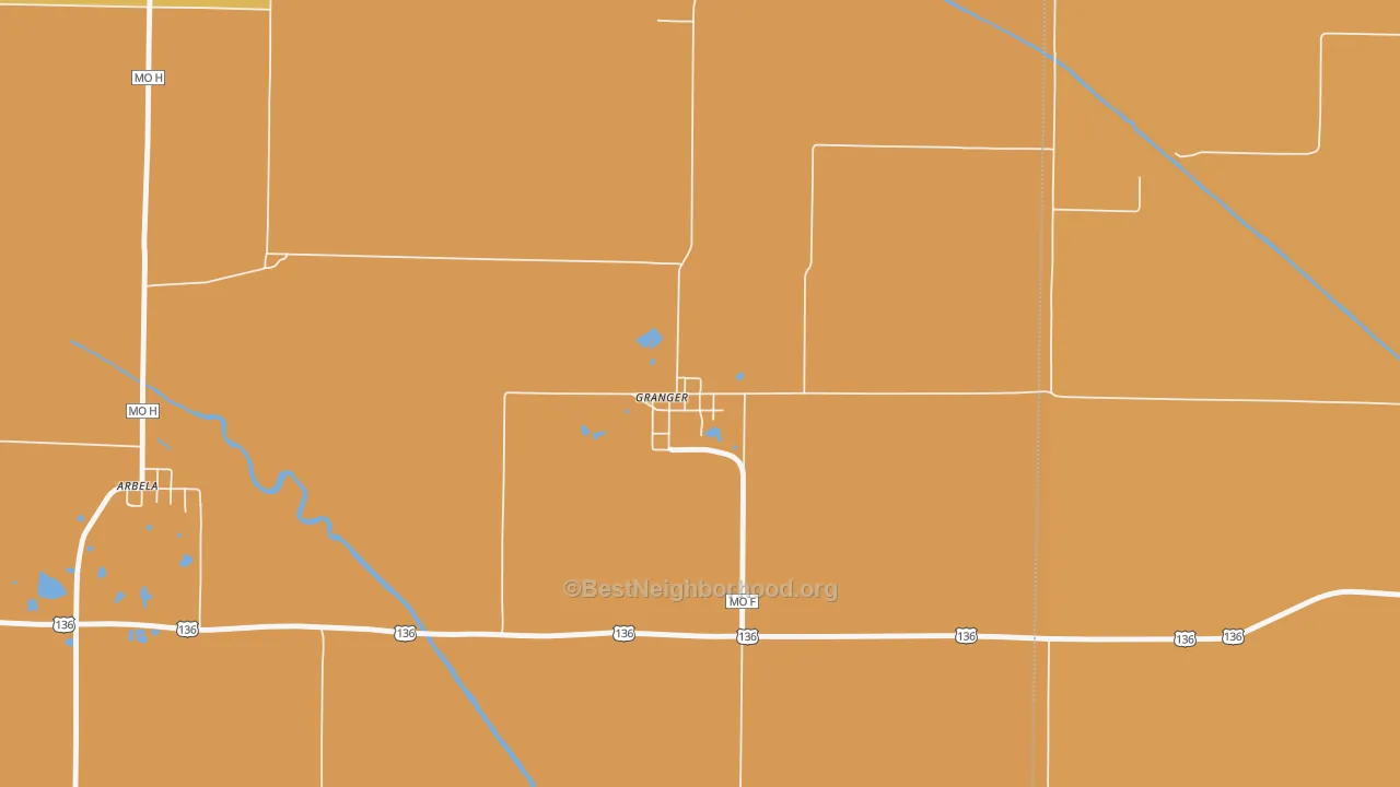 Map of the best neighborhoods in the 63442 area, with better matches in green and worse matches in red