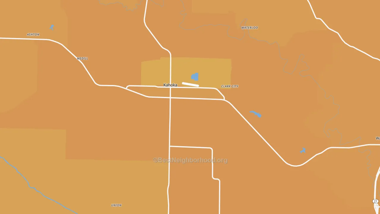 Map of the best neighborhoods in the 63445 area, with better matches in green and worse matches in red