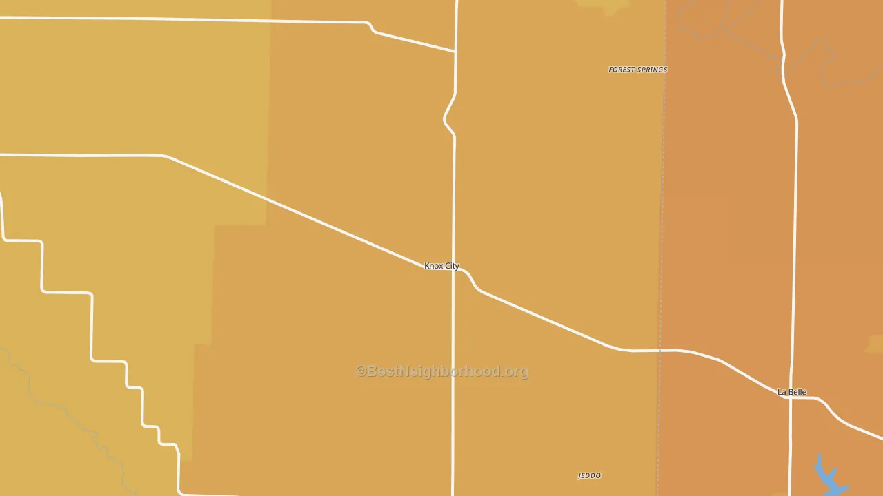 Map of the best neighborhoods in the 63446 area, with better matches in green and worse matches in red