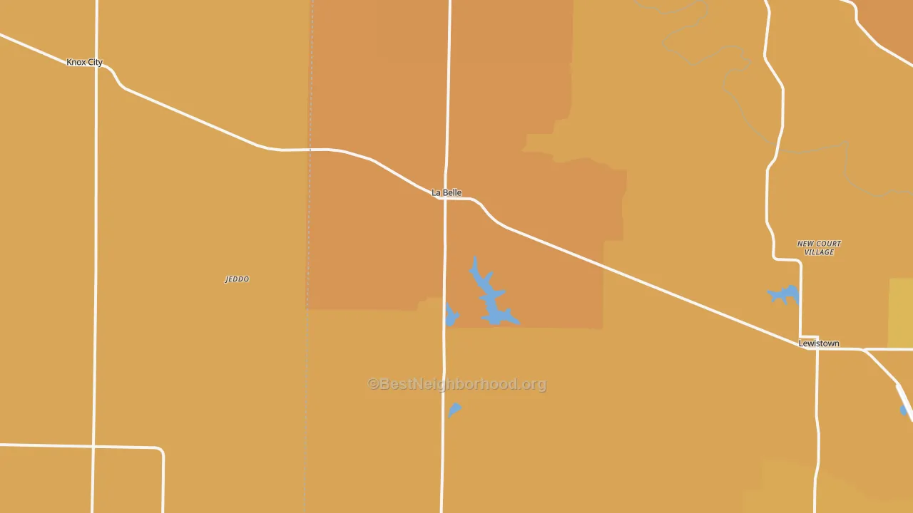 Map of the best neighborhoods in the 63447 area, with better matches in green and worse matches in red