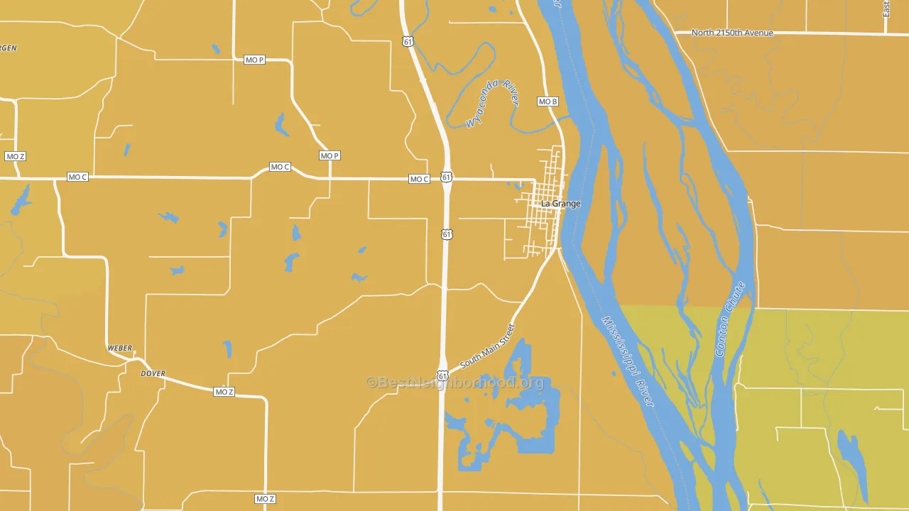 Map of the best neighborhoods in the 63448 area, with better matches in green and worse matches in red