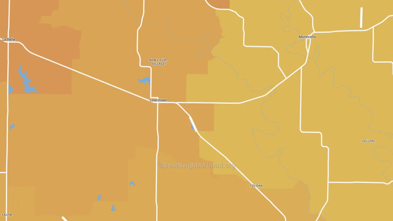Map of the best neighborhoods in the 63452 area, with better matches in green and worse matches in red