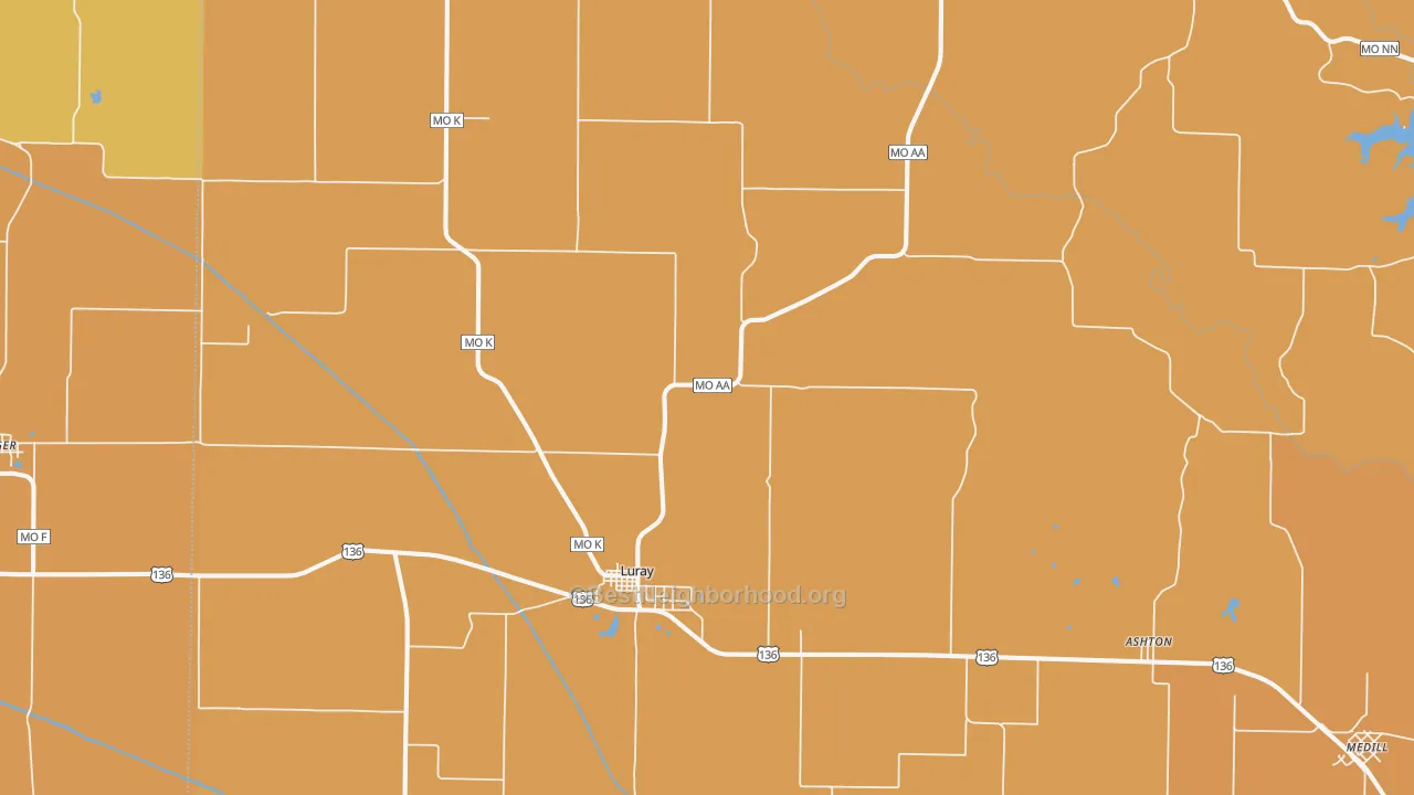 Map of the best neighborhoods in the 63453 area, with better matches in green and worse matches in red