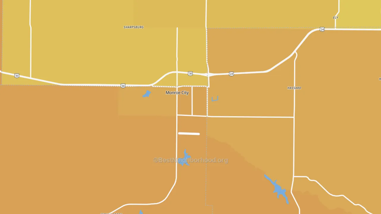 Map of the best neighborhoods in the 63456 area, with better matches in green and worse matches in red