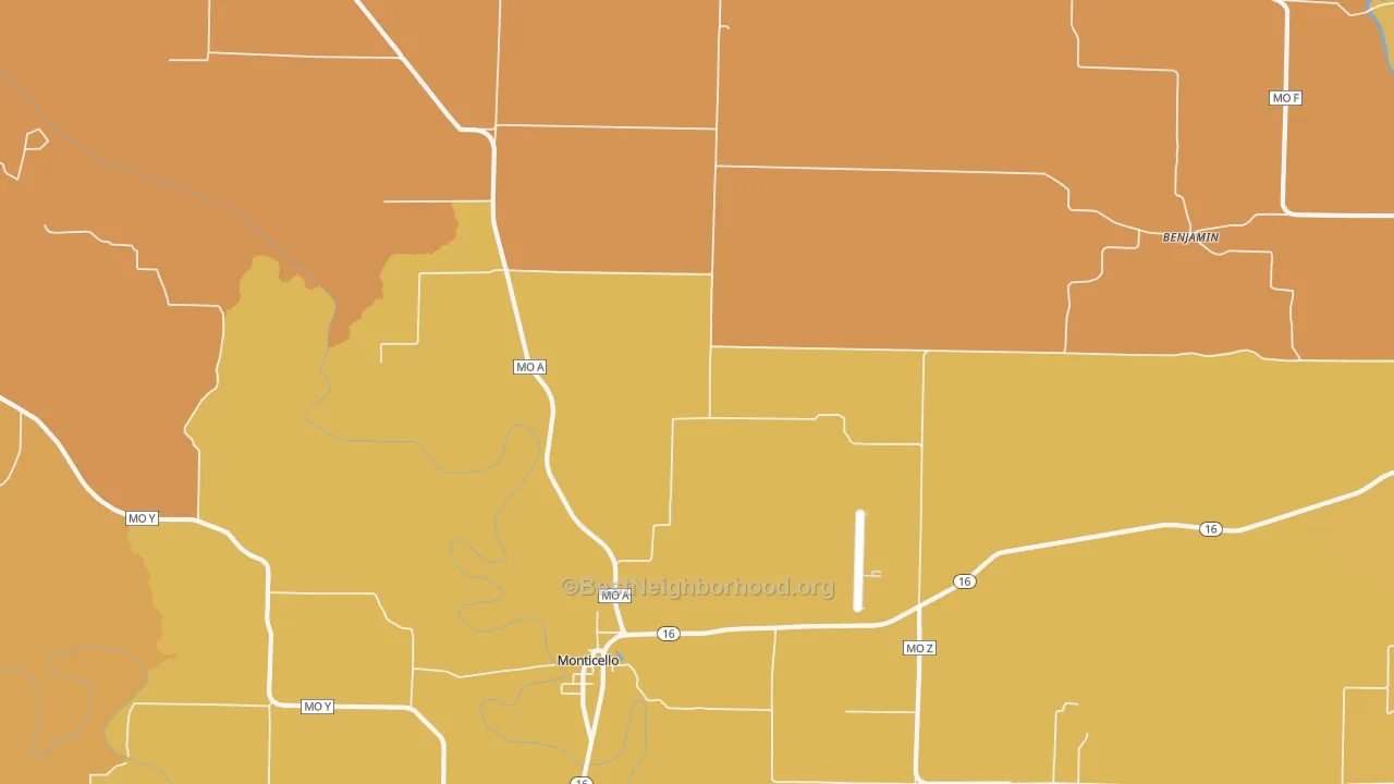Map of the best neighborhoods in the 63457 area, with better matches in green and worse matches in red