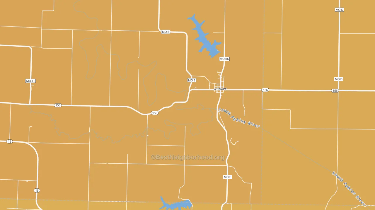 Map of the best neighborhoods in the 63458 area, with better matches in green and worse matches in red