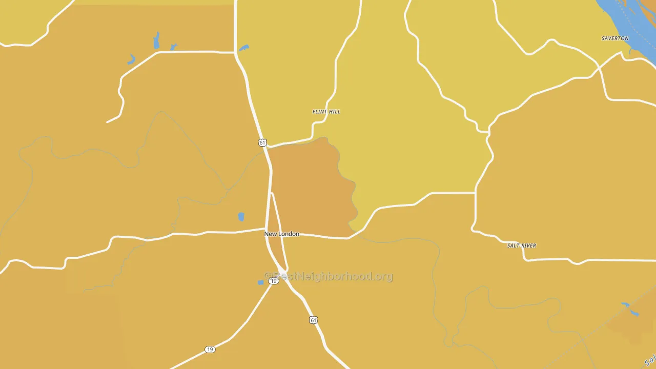 Map of the best neighborhoods in the 63459 area, with better matches in green and worse matches in red